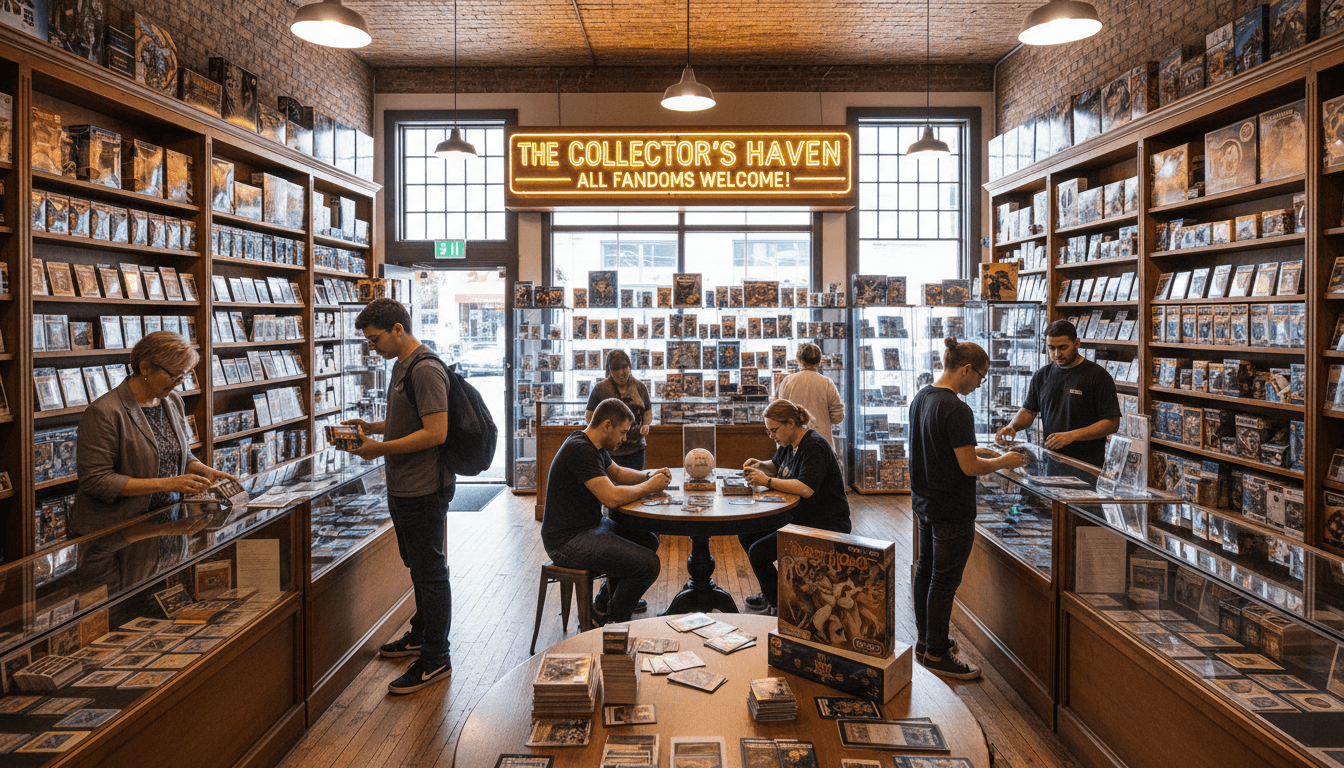 Warm, inviting interior of Wolfe Den Collectibles shop with friendly atmosphere and product displays