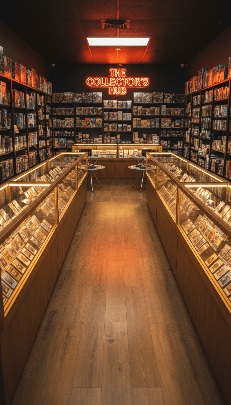 Wolfe Den Collectibles shop interior with trading card displays and collectibles